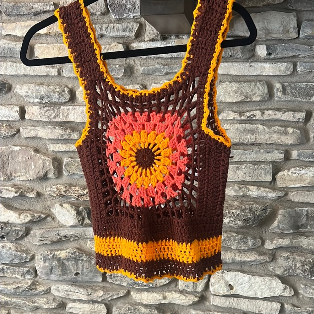 Handmade Crochet Sunburst Tank Top - Brown, Salmon and  Orange,